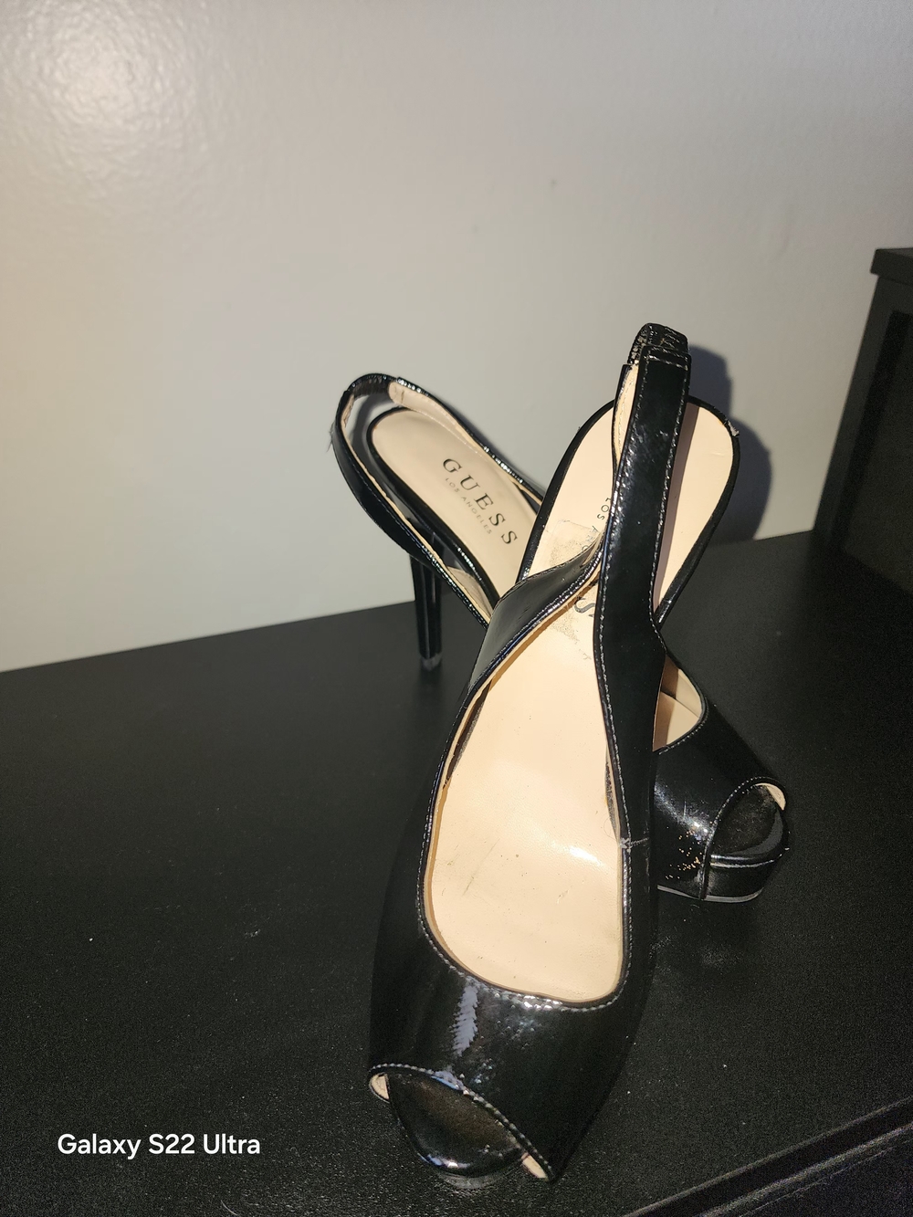 GUESS Black Patent Leather Peep-Toe Slingback Stilettos - Picture 3 of 6